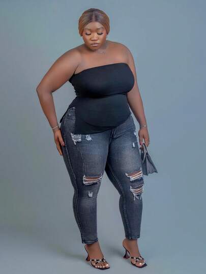 CurvyTilda 加大碼黑色百褶裙割線無肩帶針織彈性上衣