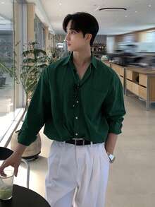 DAZY 男士绿色纽扣前开襟休闲百搭长袖衬衫，春季 - 綠色 - 查看 3