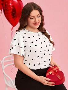 SHEIN Clasi 大码优雅爱心印花圆领荷叶袖衬衫，夏季 - 白色 - 查看 4