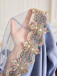 Yasmyna 女士立领喇叭袖复古网纱拼接宽松优雅阿拉伯连衣裙 - 藍色 - 查看 8