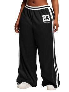 SHEIN SXY 大码捉鬼敢死队条纹印花弹力腰休闲裤，适合约会、聚会、派对、夜店、夜生活；网纱两件套黑色蕾丝/情人节款，适合宴会、盛宴、晚宴、舞会、都市风、百搭、性感办公室女郎、邮轮装、复古风、节日、音乐会、嘉年华、郊游、层次丰富、假日、约会之夜、聚会、生日、单身派对、鸡尾酒会、正式场合、情人节。 - 黑色 - 查看 3