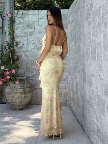 Aloruh Đầm đi biển dáng ôm thanh lịch dành cho nữ, có viền bèo nhún và họa tiết hoa. - Nhiều màu - Xem 9