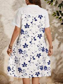 EMERY ROSE Plus Size Women Eyelet Embroidery Patchwork Floral Print Summer,Boho,Vacation,Holiday Sundress,Easter White And Blue And White Flowers Holiday Dress - Blue - View 2