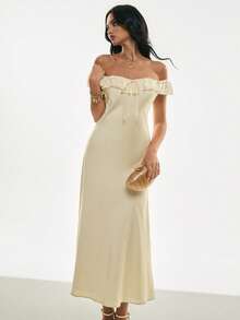 Poéselle 女士时尚优雅露肩蕾丝边中长连衣裙 - 杏色 - 查看 7