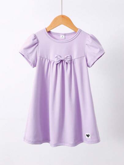 女童紫色蝴蝶结装饰短袖连衣裙，时尚睡衣和家居服