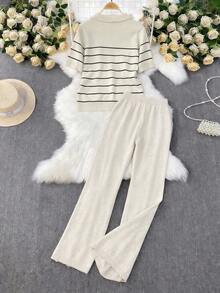 GlowEve 新款欧美时尚混色优雅百搭针织上衣、毛衣背心和裤子套装 - 卡其色 - 查看 2