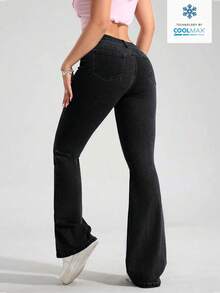 SHEIN PETITE Quần jean denim nữ màu trơn dáng ôm, cạp trung bình, kiểu dáng thường ngày. - màu đen - Xem 2