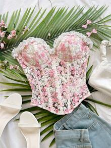 Soleia 女士浪漫度假雏菊刺绣纹理印花装饰吊带背心，休闲、约会、情人节、下午茶、海滩、邮轮、城市度假、音乐节、派对、波西米亚风、嬉皮风、西部风，可内穿或外穿，适合所有季节，日常通勤 - 粉色 - 查看 7