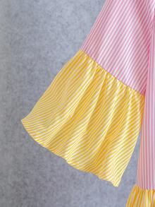 SHEIN 两件套少女休闲时尚衬衫裙+披肩套装，多色条纹撞色衬衫裙，喇叭袖，中长款连衣裙，适合度假、日常穿着、上学等场合。 - 彩色 - 查看 8