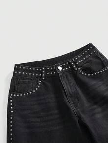 ROMWE Grunge Punk Y2K Retro Millennium Baddie Punk Rivet Design Versatile Women Low Waist Loose Straight Leg Jeans - Black - View 3