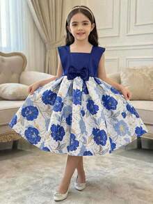 SHEIN Young Girl Elegant & Cute Floral Print Short Sleeve Dress - Blue - View 8