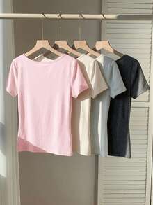 Comfortcana 4pcs/Set Plus Size Summer Square Neck Fitted T-Shirts Summer Tops Women Square Neck Tops Simple Tops - Multicolor - View 2