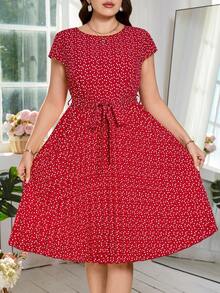 SHEIN Clasi Plus Size Elegant Burgundy Summer Dress For Women,Vintage Heart Print Pleated Everyday Casual Outfit,Luxury Wedding Guest Party Prom Formal Dresses - Red - View 5