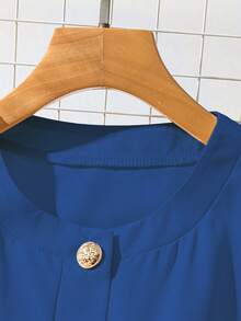 GlowEve 女士纯色腰带前扣优雅短袖中长连衣裙 - 藍色 - 查看 3