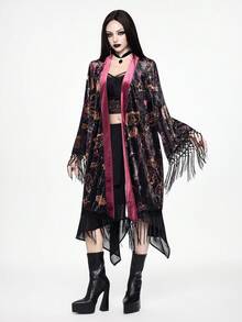 ROMWE Goth Dark Witch Crystal Ball Mysterious Eye Candle Holder Book Velvet Allover Print Patchwork Tassel Cover Up Shawl - Multicolor - View 4