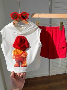 SHEIN 2件套婴儿/男婴可爱小熊图案无袖针织上衣T恤和红色工装短裤，春夏男婴服装，套装，街头服饰 - 酒紅色 - 查看 8