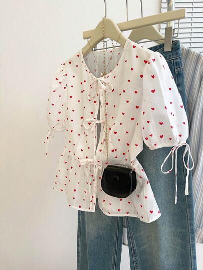 Resyla Women's Spring/Summer New French Romantic Bow Tie Heart Print Open Front Puff Sleeve Blouse