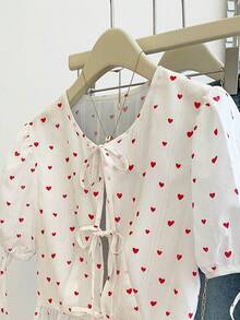 Resyla Women's Spring/Summer New French Romantic Bow Tie Heart Print Open Front Puff Sleeve Blouse - White - View 3