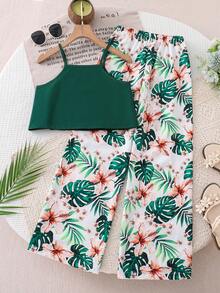 SHEIN Explorewe Bộ đồ đi nghỉ mát cho bé gái, áo hai dây xếp tầng kết hợp quần ống rộng in hoa, thanh lịch, phù hợp cho đi chơi hàng ngày, đi biển và chụp ảnh. - màu xanh lá - Xem 3