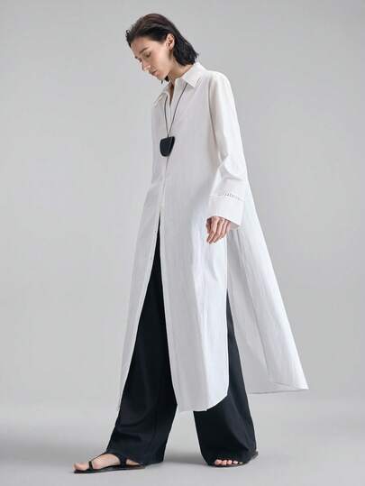 Ontre 2026SS New Women's Long Dress, Solid Color Minimalist Casual, Round Neck Long Sleeve Loose Fit, Suitable For Valentine's Day, Summer Wear, Business Casual, Women's Clothing, Resort Beach Birthday Party, Teacher Outfit, Basic Top, Back To School, Women's Simple Casual Solid Color Front Button Long Dress