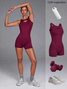 Menodora SHEIN Sport 女士纯色露背无袖连体衣 - 酒紅色 - 查看 8