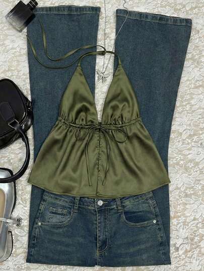 Glimmora Top court à fines bretelles, col en V profond, couleur unie, rafraîchissant et confortable pour l'été