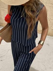 SHEIN Frenchy Women's Casual Striped Tank Top And Straight Leg Pants 2 Pieces Set, Summer - Navy Blue - View 7