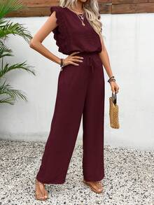 SHEIN Frenchy 女款休閒度假通勤純色蕾絲飾邊上衣與寬腿褲兩件套，春/夏 - 酒紅色 - 查看 4