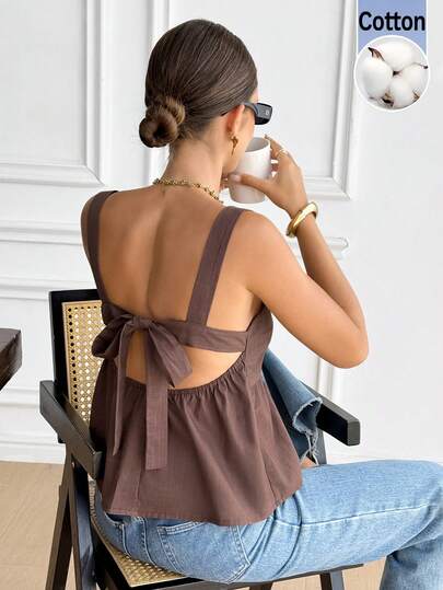 Serisse 100% Cotton Brown Backless Blouse For Spring/Summer, Featuring Wide Shoulder Straps And A Bow Tie At The Back. A Chic And Unique Top Perfect For Summer Vacations, Casual Wear, Dates, And Everyday Occasions. Open Back Tops,Cute Women's Tops Holiday Resort