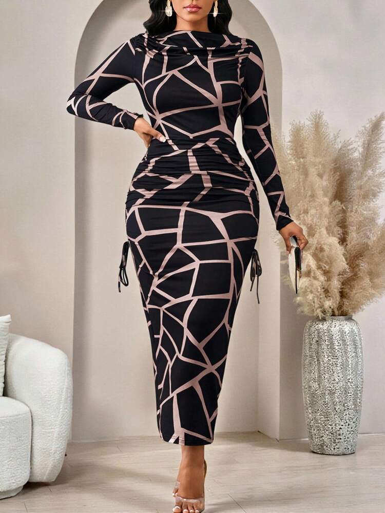 SHEIN Lady 豹纹修身长袖船领女式连衣裙，优雅精致。 - 彩色 - 查看 4