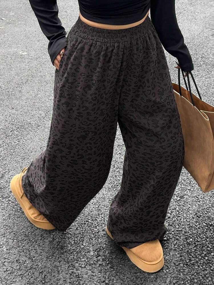 Dazy Plus Plus Size Women Elastic Waist Loose Leopard Print Straight Leg Long Corduroy Pants