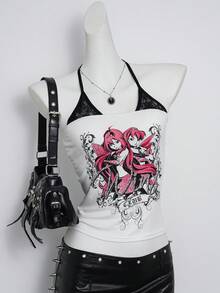 The Winx x SHEIN Women's Y2K Cartoon Graphic Contrast Lace Spaghetti Strap Cami Top For Summer - White - View 5