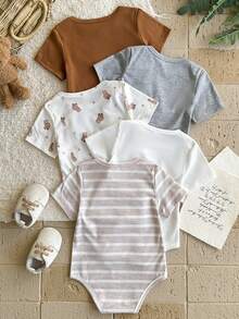 Vintaside Kids Bộ đồ liền thân ngắn tay cổ bẻ kiểu gấu hoạt hình màu trắng, xám, nâu kẻ sọc cho bé trai mùa hè, gồm 5 món. - Nhiều màu - Xem 2