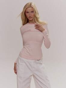 MUSERA Contrast Crewneck Graphic ' Made' Longsleeve Fitted Top Cute Girly Sexy Spring Winter Going Out Daily Easter Sugar Swizzle - Baby Pink - View 5
