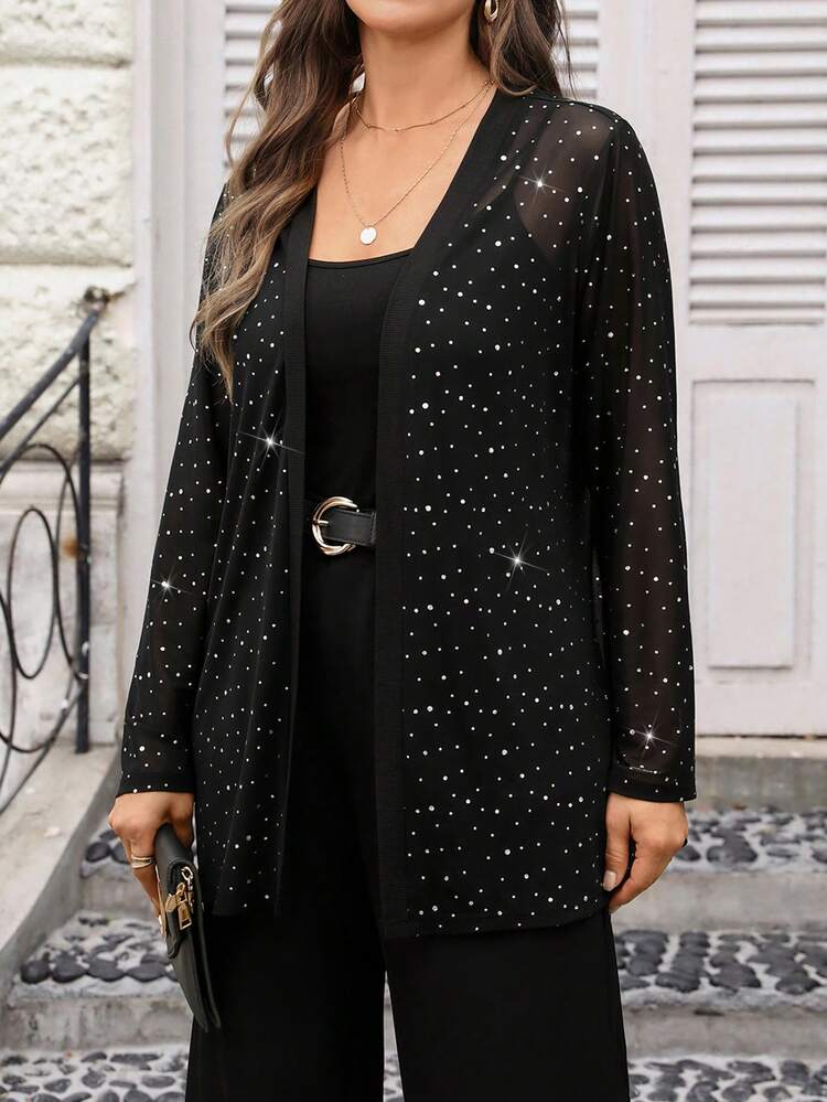 Plus Size Women Black Long Sleeve Jacket, Autumn/Summer/Vacation Black Rhinestone Top Black Blouses For Women Sparkly Coat Elegant Coat Summer Summer Spring Spring Women Spring
