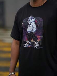 Heavens Edit 男士时尚霸气兔子印花圆领短袖日常休闲流行T恤 - 黑色 - 查看 3