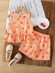 Sparklyn Conjunto informal de camiseta de tirantes con volantes y shorts con estampado de cerezas a cuadros para niña - Naranja - Ver 2