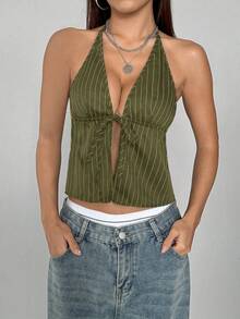 StreetHx Women's Casual Striped Halter Neck Tie-Up Sleeveless Top, Summer - Mint Green - View 4