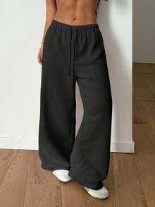 SHEIN PETITE 女士夏季纹理直筒裤 - 黑色 - 查看 4