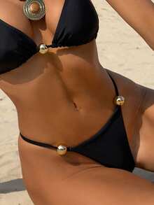 Swim SXY Nova Calcinha de Maiô Bikini Sólida e Sexy com Alça Lateral e Decoração de Pérola Grande, Adequada para Praia, Resort - Preto - Visão 3