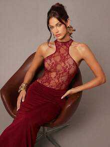 Silquee 纯色蕾丝拼接透视无袖性感迷你连衣裙，秋冬款 - 酒紅色 - 查看 6