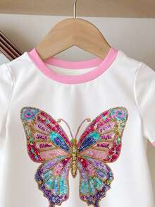 Baby Girl Casual Minimalist Short Sleeve Round Neck Top, Suitable For Summer, Faux Sequins Butterfly Print, Sweet & Cute, Suitable For Parties & Casual Wear - Multicolor - View 6