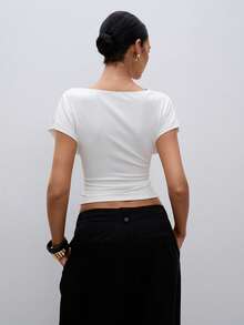 ATUI Studio Áo kiểu nữ thanh lịch, màu trơn, cổ xếp ly, cài cúc, dáng ôm, thích hợp cho mùa hè. - trắng - Xem 5