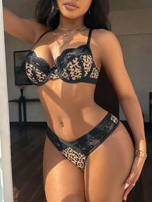 2pcs Leopard Print Sexy Lace Patchwork Lingerie Set, Includes Sexy Bra And Thong Panty - Multicolor - View 1