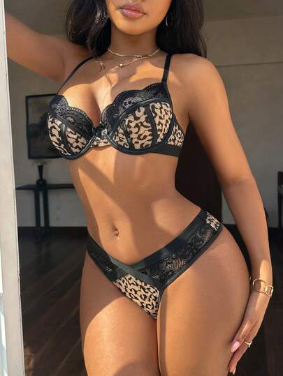 2pcs Leopard Print Sexy Lace Patchwork Lingerie Set, Includes Sexy Bra And Thong Panty