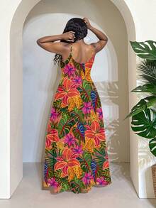 Slaydiva Plus Size Women Tropical Floral Print Spaghetti Strap A-Line Dress, Suitable For Vacation - Multicolor - View 2