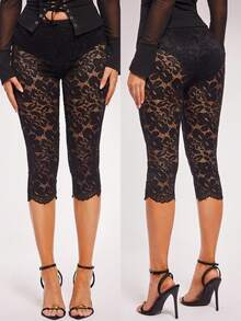 Radiana Women's Sexy Elegant Distinctive Black Lace Leggings, Fashionable Sexy 3/4 Length Skinny Pants, Lace 3/4 Leggings, Black 3/4 Pants, Black Sheer Leggings - Black - View 8