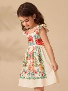 Travachic KIDS Young Girl Cute Floral Print Cap Sleeve Summer Vacation Dress - Apricot - View 5