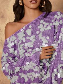 Rafferiza 女士优雅亮片露肩宽松灯笼袖衬衫，秋季 - 紫色 - 查看 3