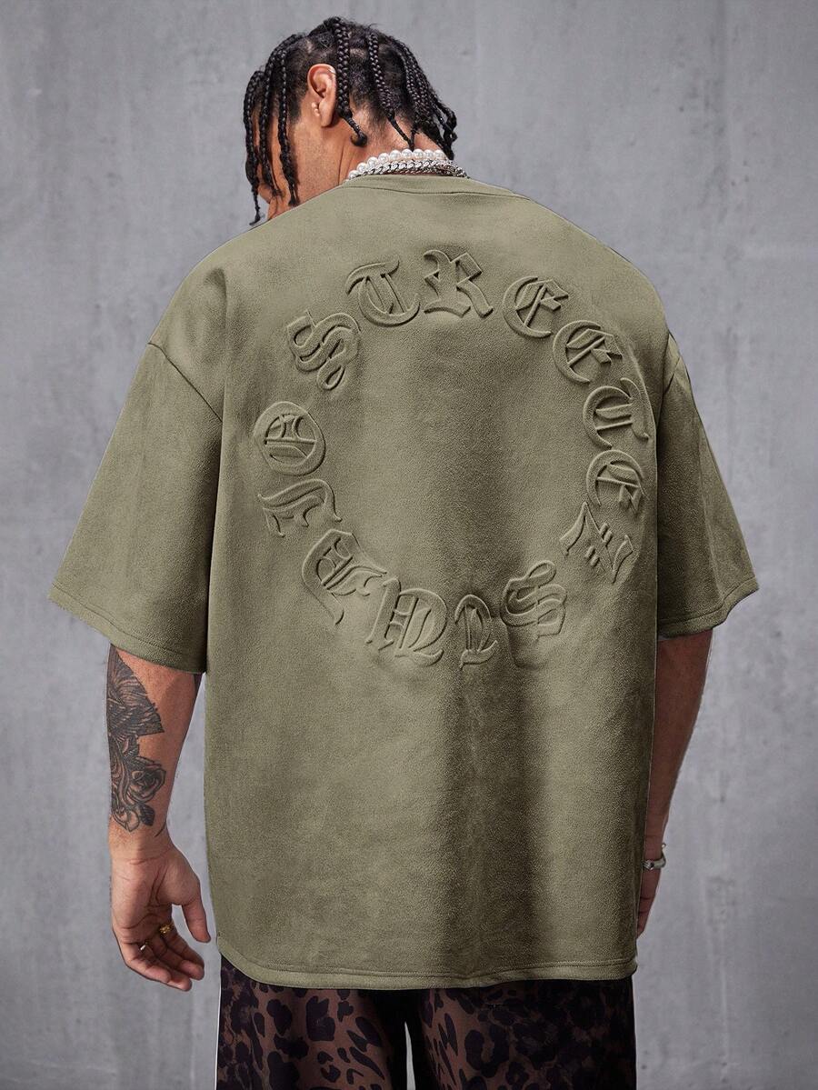 AXEPEAK Men's Street Style Air Layer Suede Flocked Loose Dropped Shoulder Crew Neck Short Sleeve T-Shirt - Army Green - View 1
